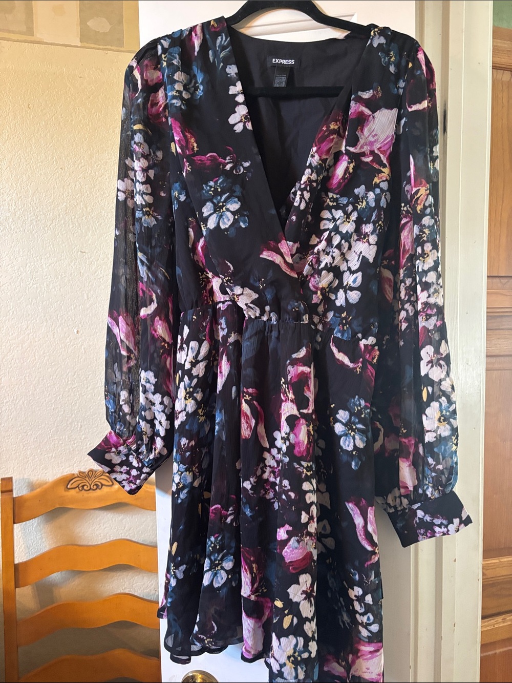 Express Black Floral Wrap Dress with Pink and Blue Blossoms